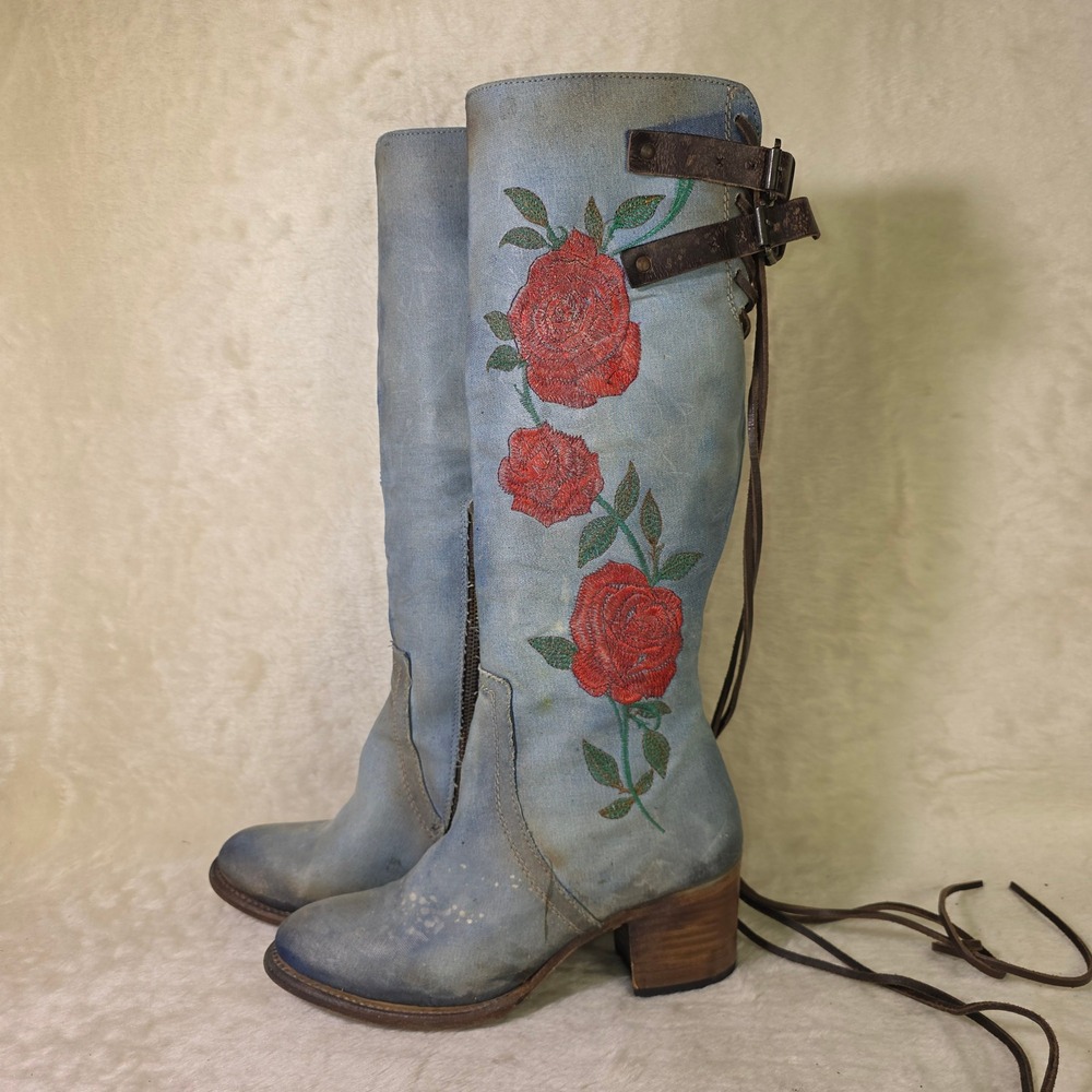 Freebird by Steven Cyrus Rose Embroidered Denim Boots Blue RARE Womens 9